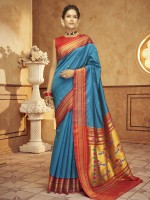 Ocean Blue Soft Silk Paithani Print Saree